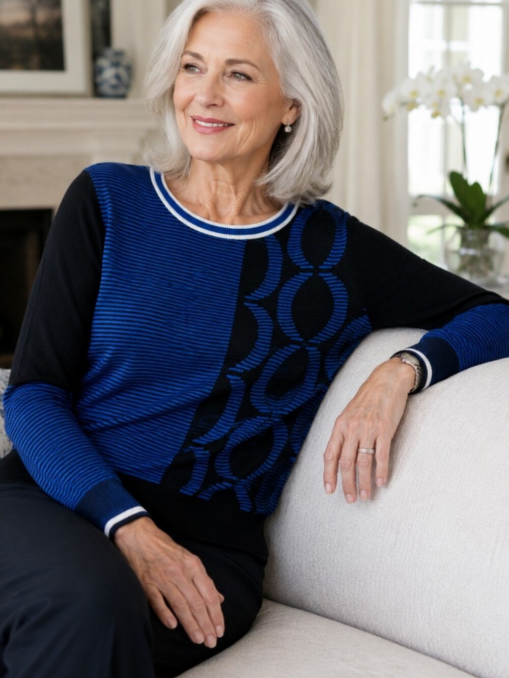 St. John Sport Petite Blue Black Cashmere Blend Knit Sweater Old Money Stripe P